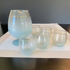 Vintage Frosted Blue Ombre Glass Pitcher & 5 Tumblers Gold Rim | MCM Blendo Set