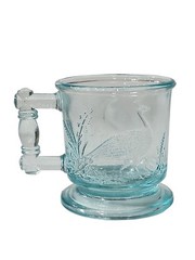 Aqua Blue Degenhart Glass Child’s Mug Stork and Peacock, 2 1/2″ tall