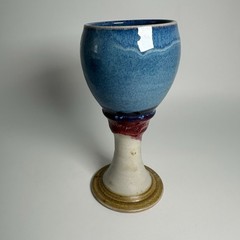 Studio Art Pottery Chalice Blue Red Stoneware Pedestal Cup Goblet Signed Saul