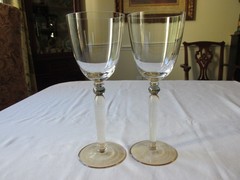 Set of 2 Stunning Crystal Water Goblets- Amber/Blue Iridescent Ball Stem 9 3/8″