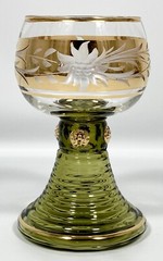 2 Vtg Roemer Hock Wine Glasses Etch Floral Green Gold Prunts Hollow Stem 5 1/2″