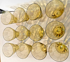 12 Antique Yellow Topaz Depression Glass Wine Stems Art Deco Etched Pattern