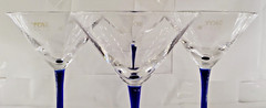 4 Skyy Vodka Clear Glass Etched Logo 6.5″ Cobalt Blue Stem Martini Glasses.
