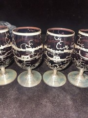 6 Vintage Green Silver Overlay Cordial Glasses With Gondola