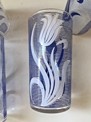 Federal Glass USA Mid Century 8 Oz Glasses Retro Blue & White Tulips MINT