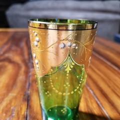 Vintage Set Of 4 Emerald Green Gold Gilt Enamel Glass Tumblers GIL
