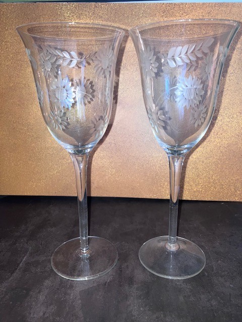 MCM/Vintage W.J. Hughes Cornflower Etched Wine/Burgundy Wine Glasses
