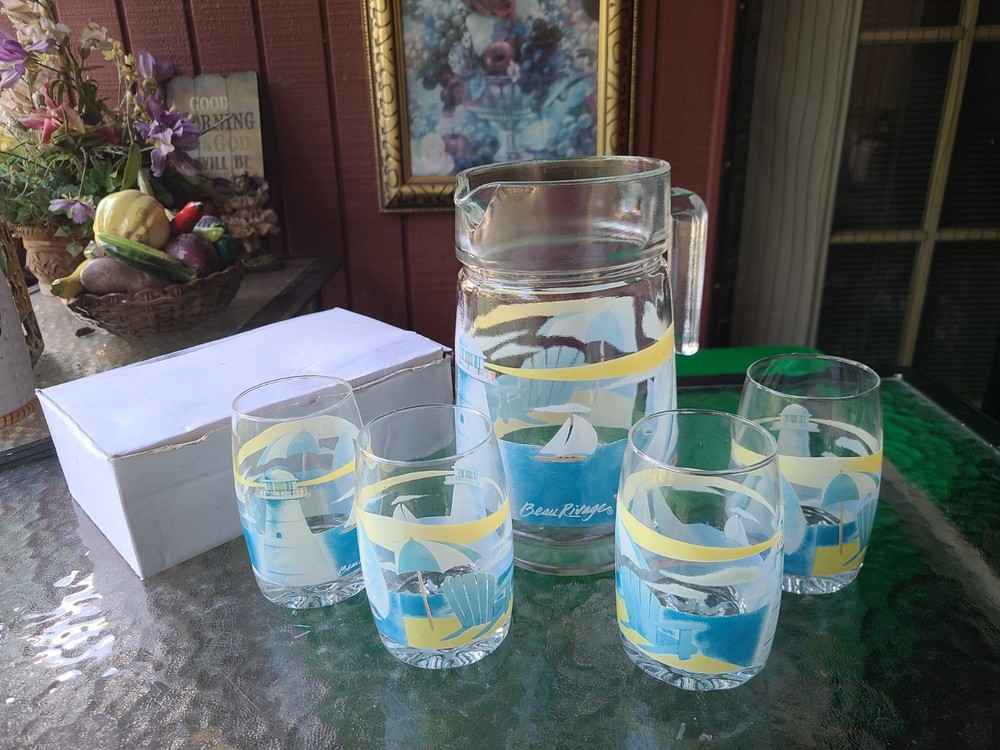 VTG Beau Rivage Casino Boats Lighthouse Pitcher 4 Matching Glasses Beverage Set