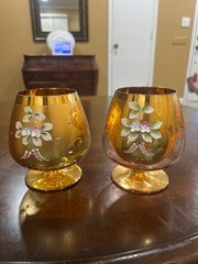 2 Murano, Italy Brandy Snifter 24k Gold, Hand Painted Enamel Flowers Glasses Set