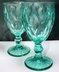 2 Available Cobalt Green Glass Stem Goblet Diamond Relief Pattern Glassware