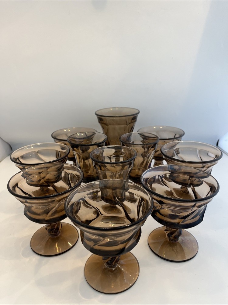 Lot Vtg MCM Fostoria Jamestown Smoke Brown Stem Glasses 1 Water 3 Wine 7 Coupes