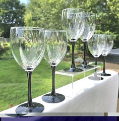 6 Luminarc Festival Wine Glasses Black Stem & Foot 10 Oz Vintage 1980s France