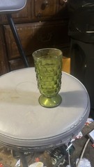 MCM Indiana Glass Whitehall Cubist Avocado Green Footed Tumbler 6″ 12oz