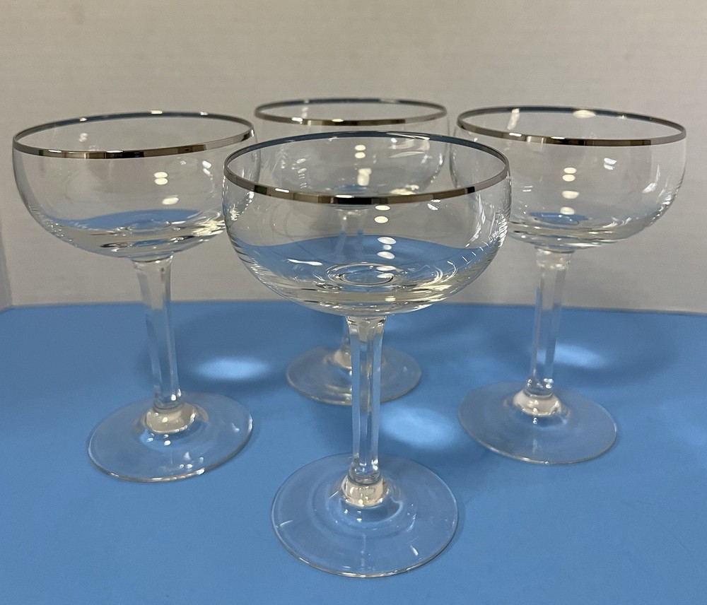 Set of 4 Mid-Century Platinum Rim Crystal Champagne Glasses Ribbed Stems 5.5”H
