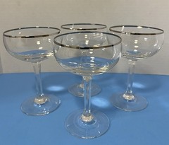 Set of 4 Mid-Century Platinum Rim Crystal Champagne Glasses Ribbed Stems 5.5”H
