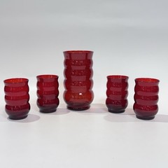 Vintage Retro Ruby Red Glass Barware 5pc Set Ribbed Beehive Wavy Mid Century