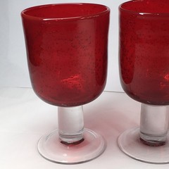Ruby Red Seed Bubble Goblets With Clear Thick Stem 6-5/8″ Tall Vintage Lot Of 4