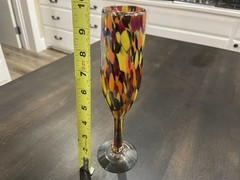 Mexico Art Glass Confetti 9” Champagne Flute Goblet Mottle Iridescent Stemware