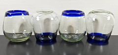 (4) Pier 1 Cobalt Rim Stemless Wine Glasses Set Clear Mexican Hand Blown Art Lot