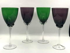 Art Glass Green & Purple 14 Oz Tulip Petal Water Wine Glasses Goblets (4)