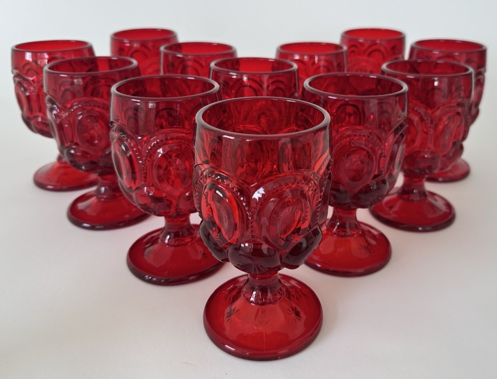 12 Vintage L.E. Smith Glass Ruby Red Moon & Stars Water Goblet Set 6”