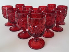 12 Vintage L.E. Smith Glass Ruby Red Moon & Stars Water Goblet Set 6”