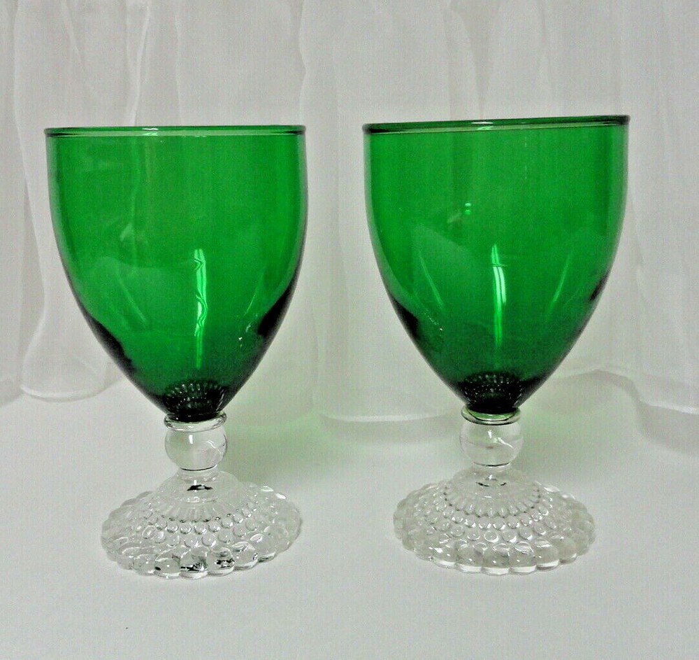 Vintage Lot of 2 Forest Green Bubble Foot 5 1/2″ Water Goblets – More Available