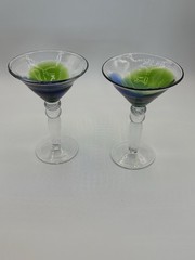 Hand Blown Art Glass Martini Glasses Blue Green Barware Set of 2