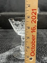 2 Stunning Vintage MCM Fostoria Chintz? Clear Stemmed Wine Glasses Floral Chip