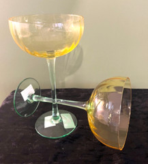 SET OF 2 YELLOW & GREEN STEMMED CRYSTAL CHAMPAGNE COUPES NEW