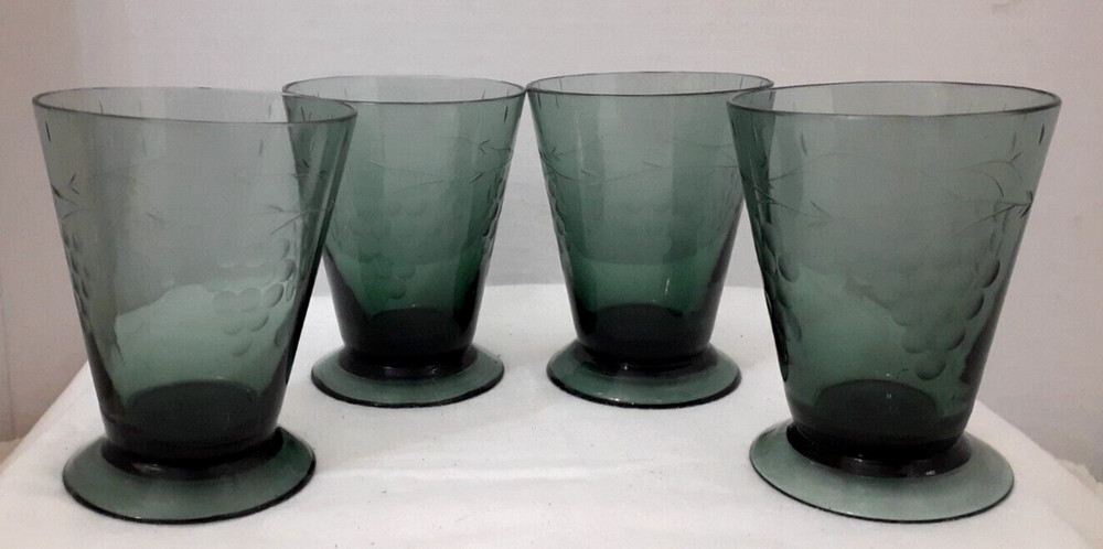 4 VINTAGE STANDARD GLASS BLUE GREEN PRESSED ETCHED GRAPE DESIGN BEVERAGE GLASSES