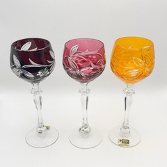 Vintage Lausitzer Cut To Clear Cased Glass Crystal Wine Hock Glasses Grapes x6