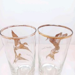4 VTG Wild Game Bird Highball Glasses Gold & Black With Gold Rim MCM **