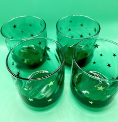 4 Vintage 90s Anchor Hocking Emerald Green Glasses Gold Star Swirl Celestial EUC