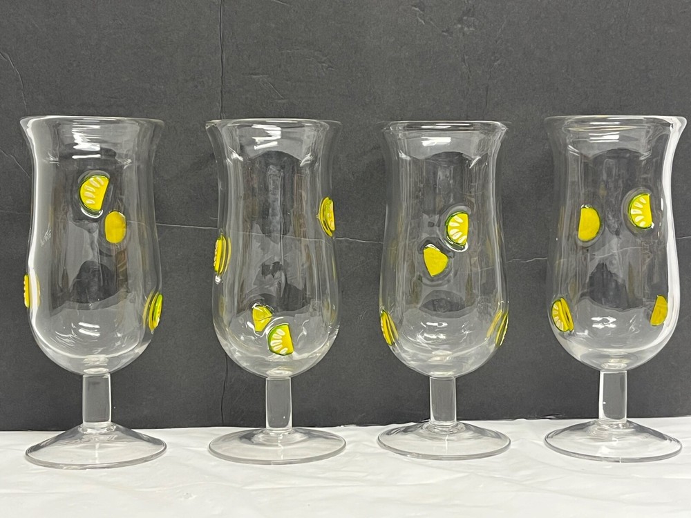 Set 4 Unique Artland Hand Blown Margarita Hurricane Glasses W/ Applied Lemons 8”