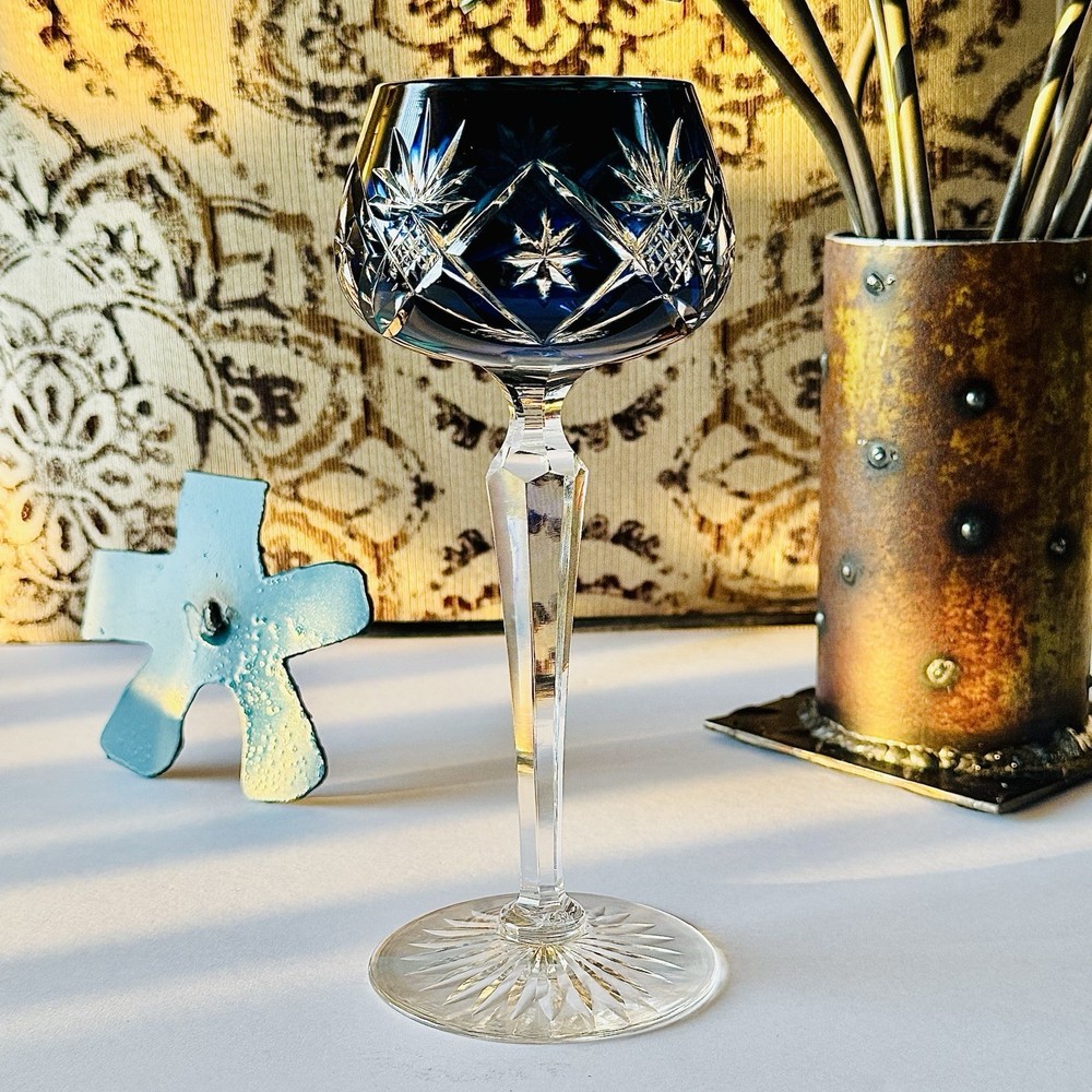 Vintage Cobalt Blue Cut to Clear Crystal Bohemian Style Hock Glass Goblet 7.75”