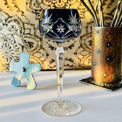 Vintage Cobalt Blue Cut to Clear Crystal Bohemian Style Hock Glass Goblet 7.75”
