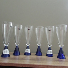 6 Vintage Prisma Sasaki Eon Blue Champagne Flutes|Wine Glasses-Japan-NEW