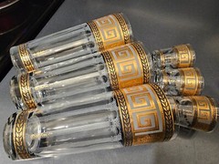 3 each CULVER Greek Key skyball & shot glasses green white gold iced tea Signed