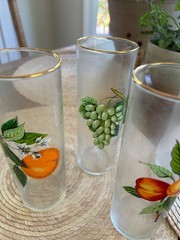 Set of 5 MCM Gold Rimmed Fruit Design Juice Drinking Glasses 6 fl oz