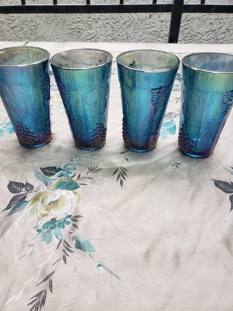 Blue Iridescent Carnival Glass Tumbler Set Grape Leaf Pattern Four-Piece