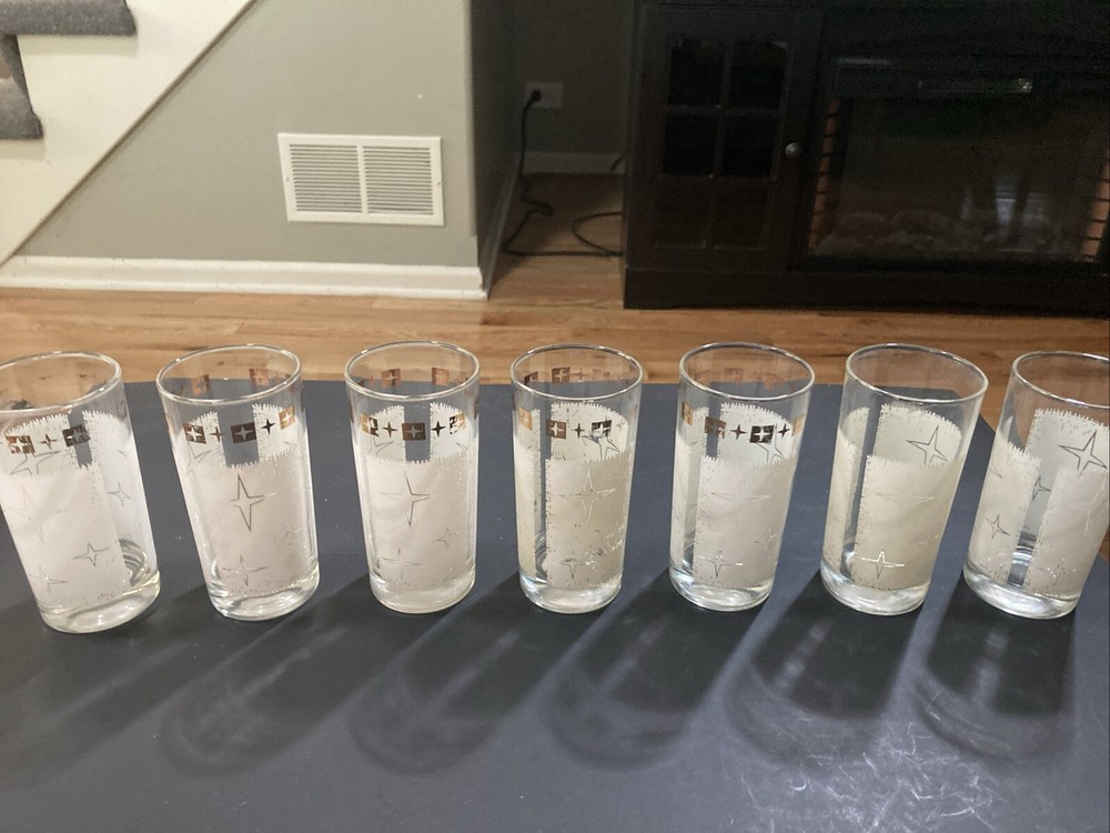 MCM BARWARE VTG Atomic Starburst Cosmic Glass White Gold Star Highball *LOT OF 7