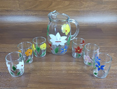 Vintage Bartlett Collins Juice Set Pitcher + 6 Glasses Hand Painted Floral MCM