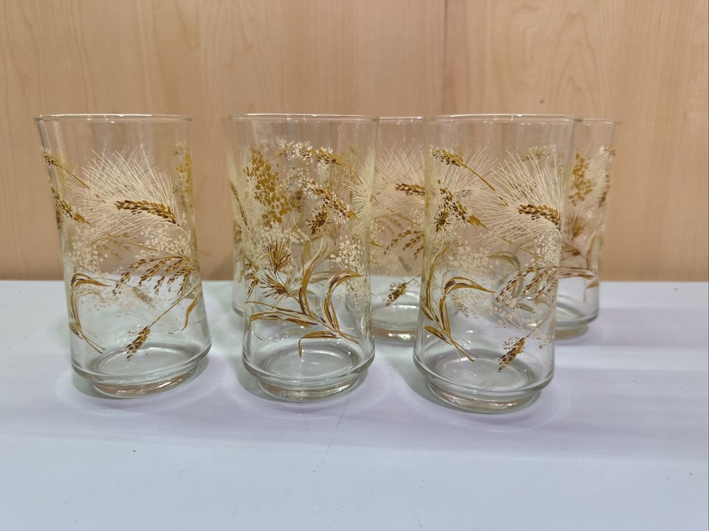 Set of 6 Vintage Libbey Wheat Dried Flowers Glasses Tumblers 5.25″