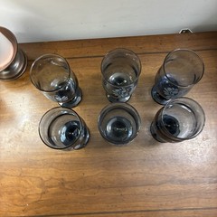 6 Vintage Pfaltzgraff Dusty Blue Etched Wine Glass Folk Art Bird Pattern EUC USA