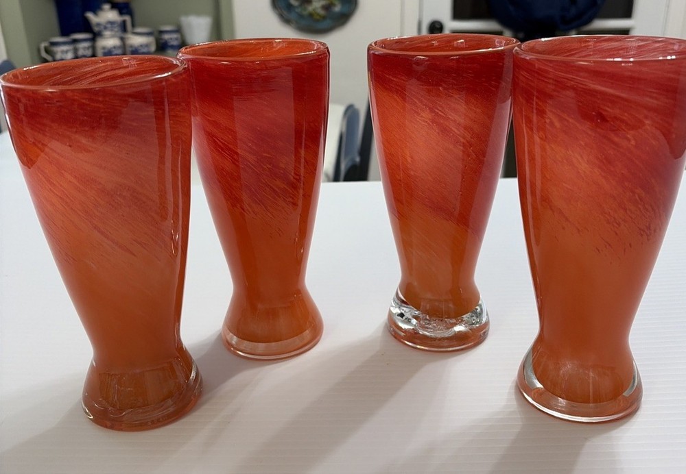 4 Art Glass Tall Beer Pub Style Glasses Ocean orange & red Swirl 7.5″
