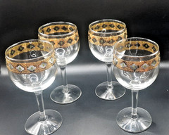 Culver Valencia Wine Glasses 22K Gold w/ Green Diamond Jewel 5 3/4″ MCM Set of 4