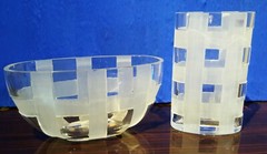 Set 2 Murano Tondo Doni thick clear Crystal etched art Glass Vases Retail $1500