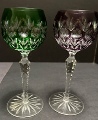 2 Godinger DYNASTY HOCK WINES 8″ Cut to Clear Crystal Glasses Amethyst & Green