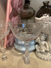 Pair Cut Crystal Wine Glasses Etched With Baskets Fine Antique